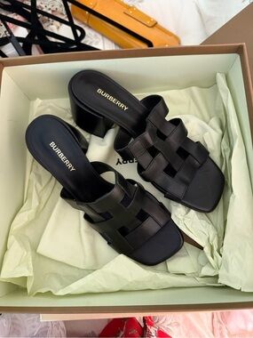 Burberry Black Woven Leather Mule Sandals